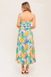 SUNLIT GARDEN PINK BLUE WOVEN MIDI DRESS