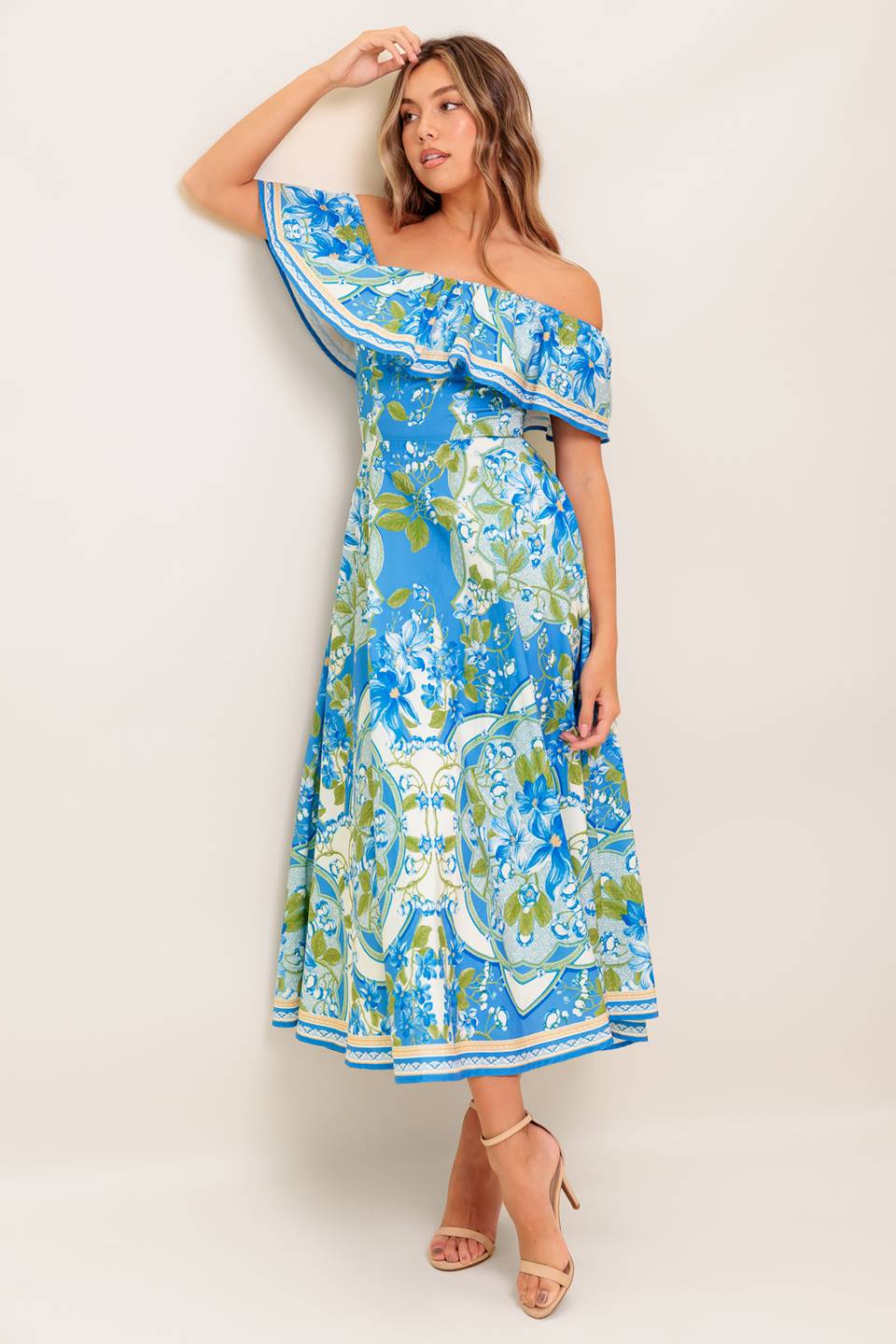 TROPICAL HAZE POWDER BLUE WOVEN MIDI DRESS