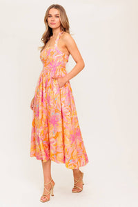 MORNING BLOOM CORAL WOVEN MIDI DRESS