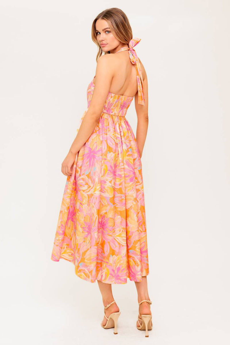 MORNING BLOOM CORAL WOVEN MIDI DRESS