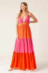 REGAL RISE WOVEN COLOR BLOCKED MAXI DRESS