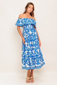 BLOOM SERENADE BLUE WOVEN MIDI DRESS