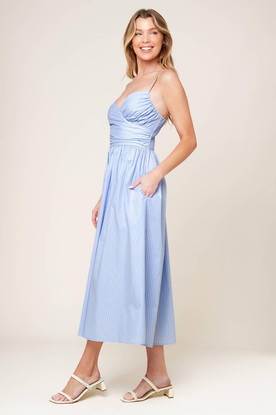 knee length dresses for ladies SUMMER INVITE PASTEL BLUE WOVEN MIDI DRESS – Adelyne's Boutique & Gifts
