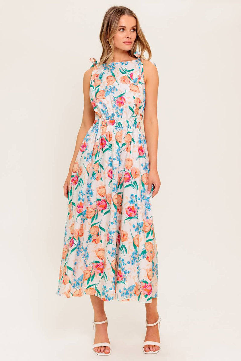 WHISPERING FLORA WOVEN MIDI DRESS
