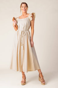 CHAMPAGNE TOAST TAUPE WOVEN MIDI DRESS