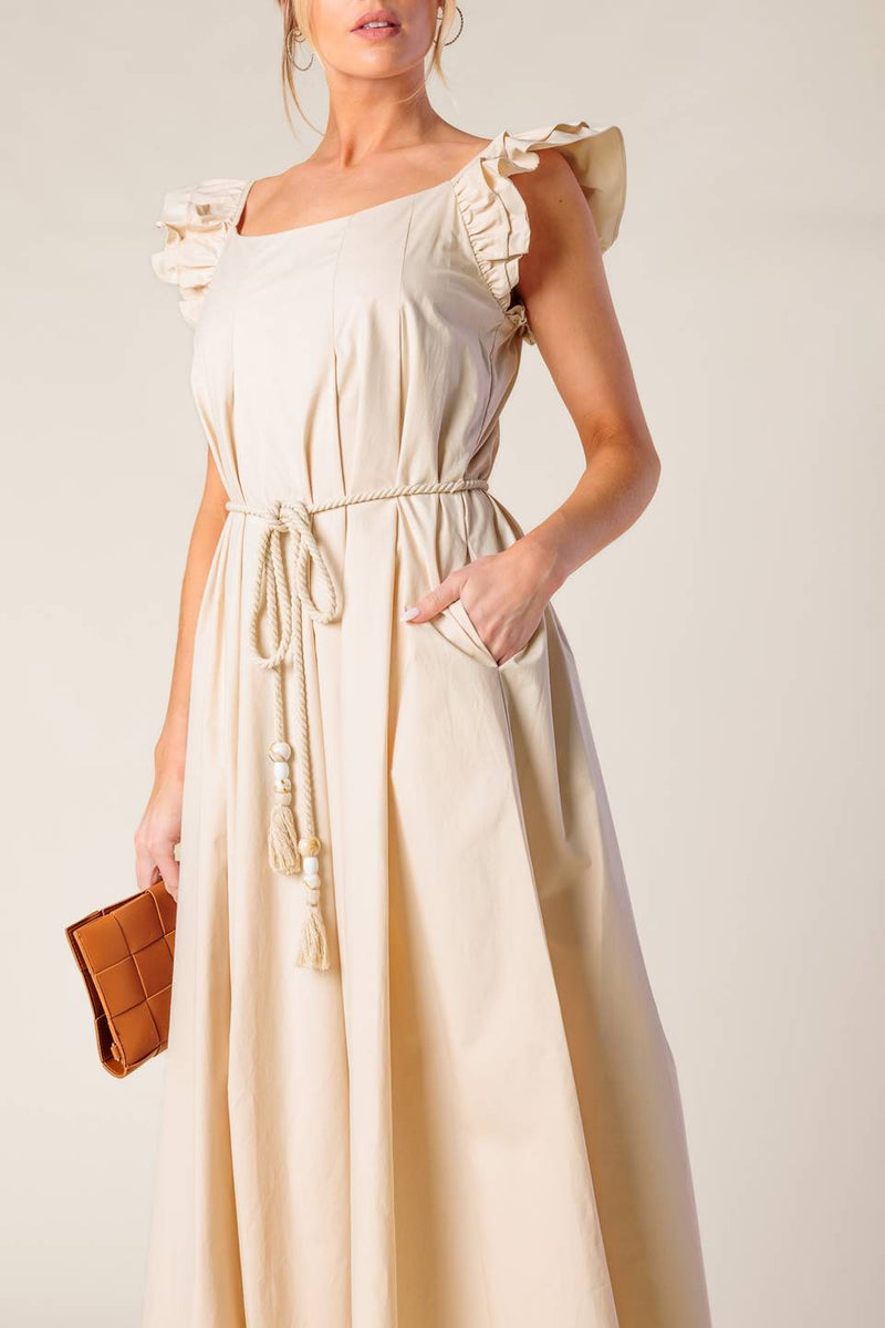 CHAMPAGNE TOAST TAUPE WOVEN MIDI DRESS
