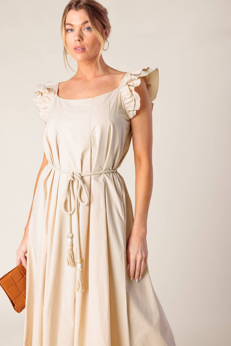 CHAMPAGNE TOAST TAUPE WOVEN MIDI DRESS