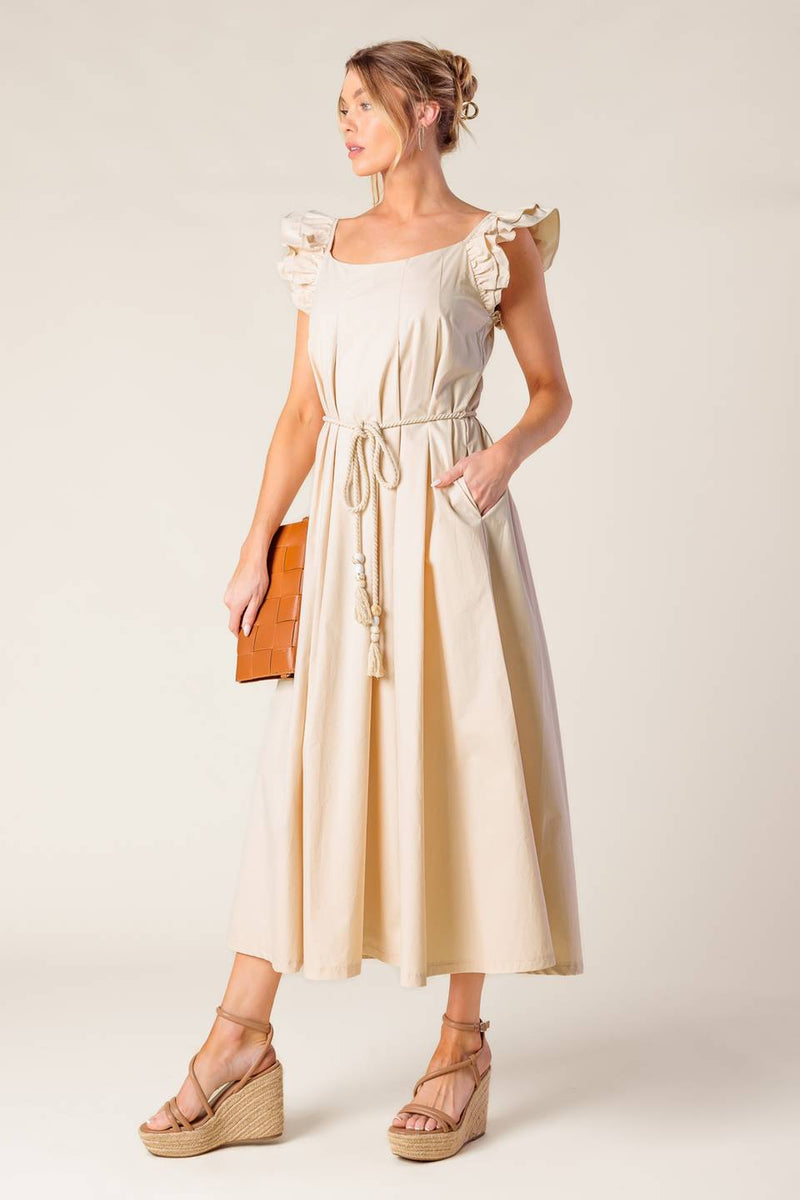 CHAMPAGNE TOAST TAUPE WOVEN MIDI DRESS
