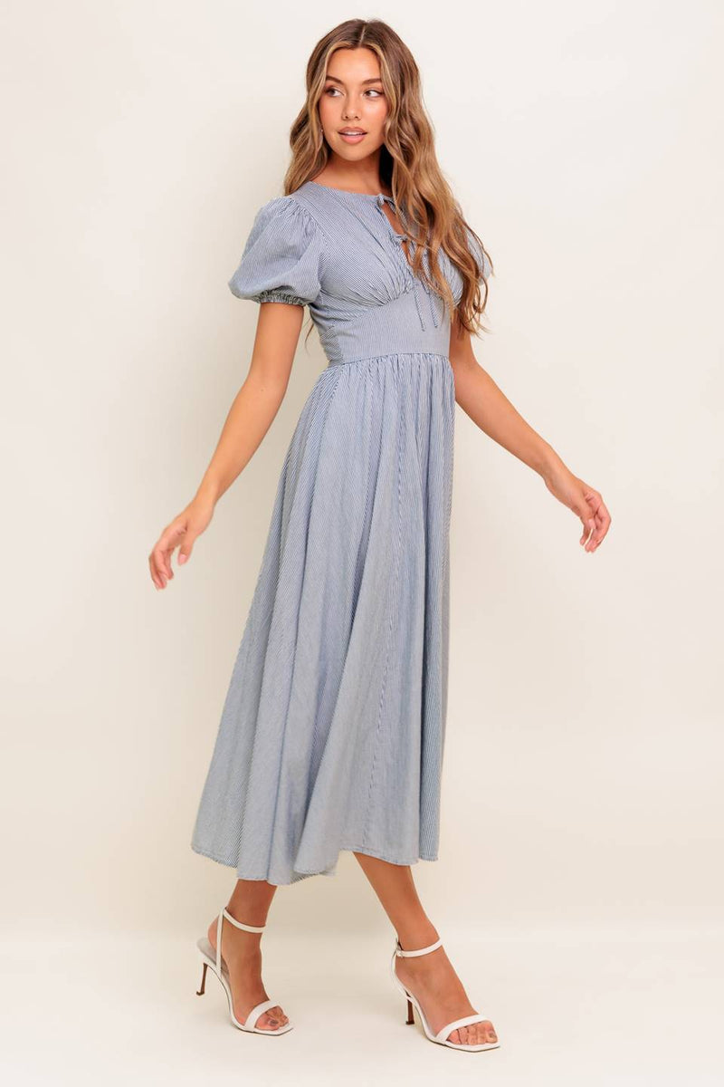 COZY GARDEN IVORY BLUE WOVEN MIDI DRESS
