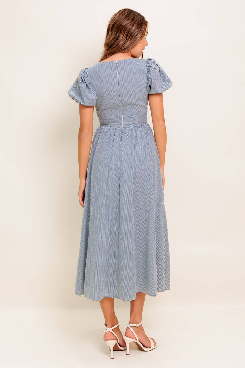 COZY GARDEN IVORY BLUE WOVEN MIDI DRESS