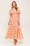 OCEAN FLORALS CORAL WOVEN MIDI DRESS