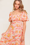 OCEAN FLORALS CORAL WOVEN MIDI DRESS