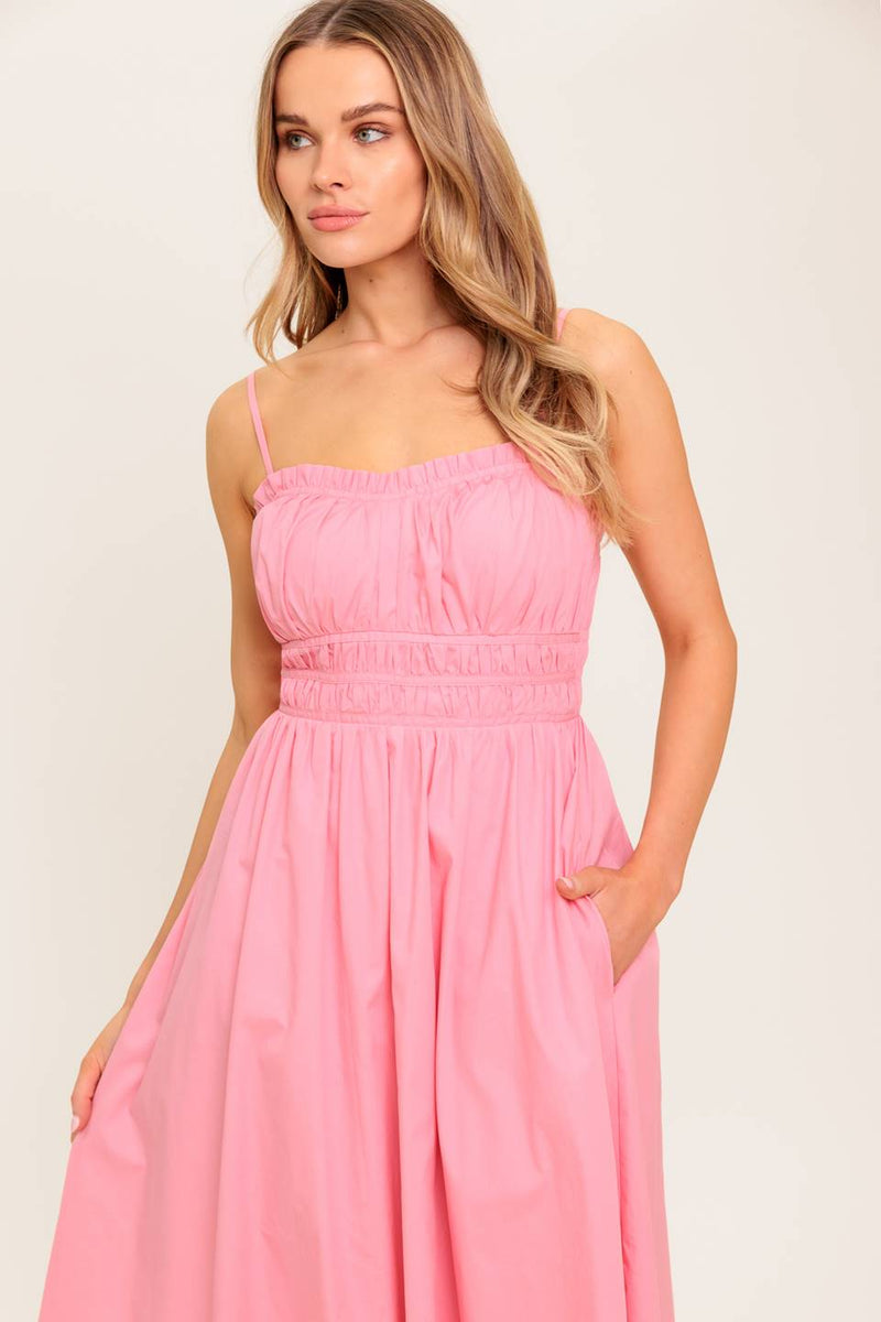 HONEY SUNSET PINK WOVEN MIDI DRESS