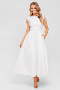 CANDLE VINE WHITE DENIM WOVEN MIDI DRESS