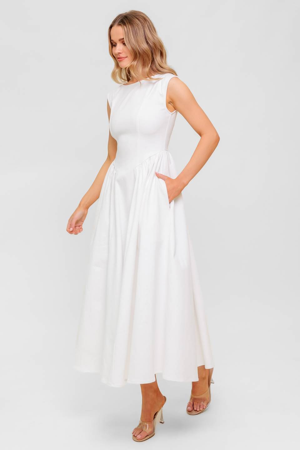 CANDLE VINE WHITE DENIM WOVEN MIDI DRESS