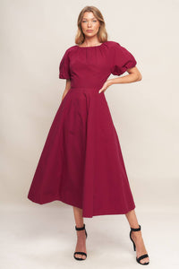 CRIMSON ROMANCE WOVEN MIDI DRESS