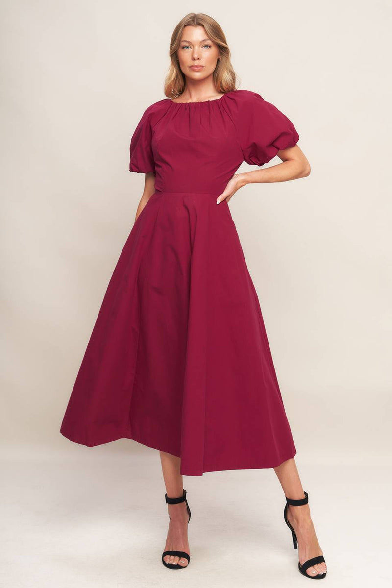 CRIMSON ROMANCE WOVEN MIDI DRESS