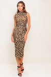 WILD INSTINCT LEOPARD POWER MESH MIDI DRESS