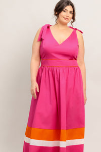FOREST CHARM FUCHSIA ORANGE WOVEN MIDI DRESS