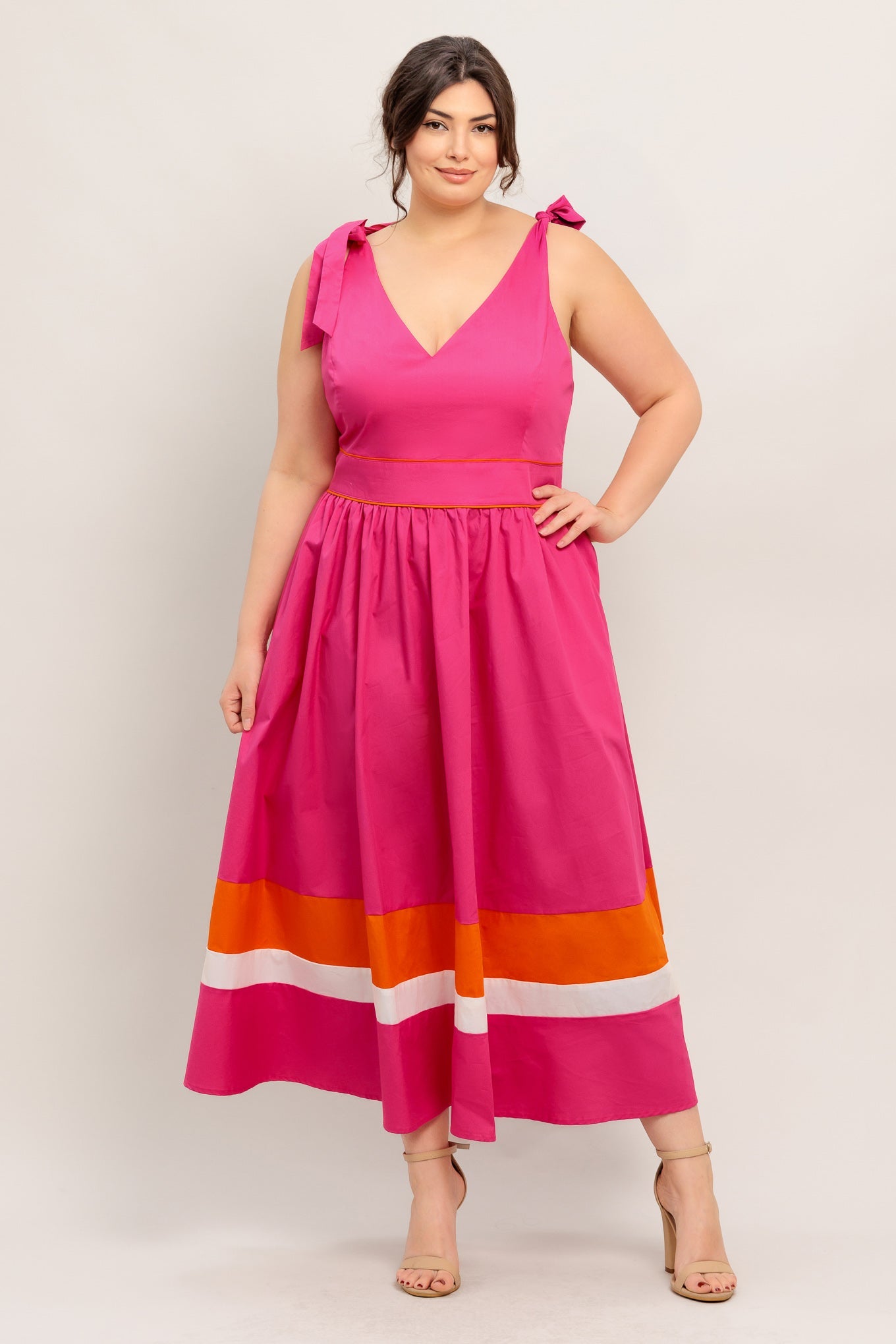 FOREST CHARM FUCHSIA ORANGE WOVEN MIDI DRESS