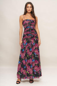 NIGHT FLORIST POWER MESH MAXI DRESS