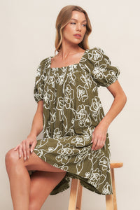 BOTANICAL OUTLINE WOVEN MINI DRESS