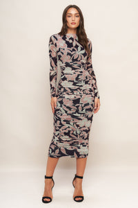 MUTED ROMANCE POWER MESH MIDI DRESS
