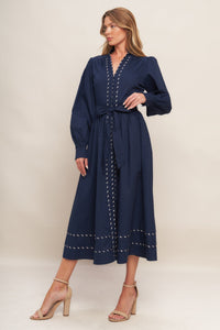 SHINE BRIGHT NAVY LONG SLLEVE WOVEN MIDI DRESS