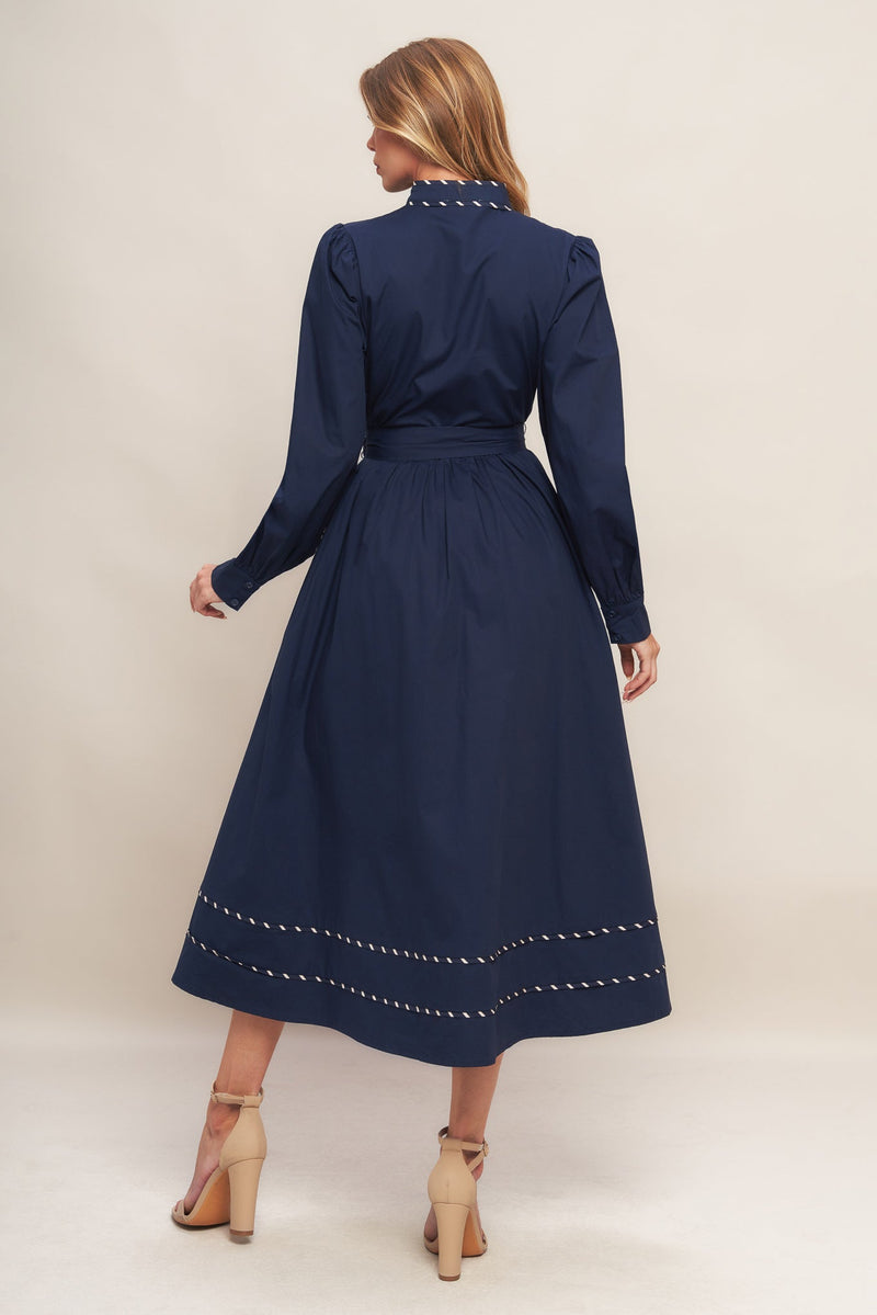 SHINE BRIGHT NAVY LONG SLLEVE WOVEN MIDI DRESS