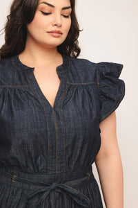 POWER DENIM GODDESS DARK INDIGO MIDI DRESS