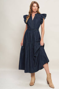 POWER DENIM GODDESS DARK INDIGO MIDI DRESS