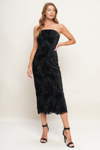 BLACK TEMPTATION WOVEN VELVET LACE MIDI DRESS