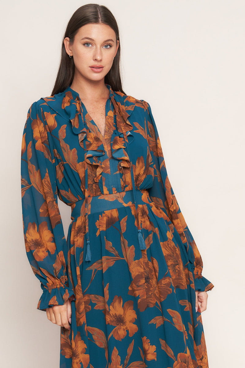 BURNISHED BOTANICA WOVEN MIDI DRESS