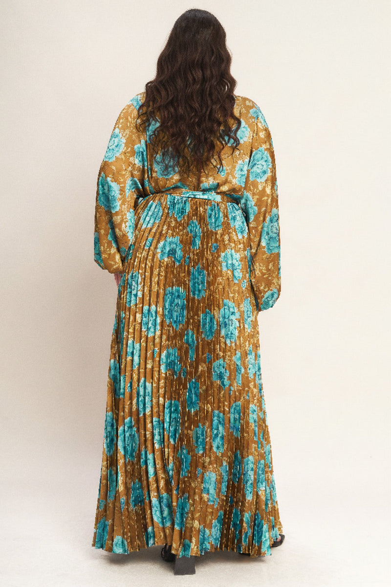 GOLDEN BLOOM LUXE WOVEN SATIN MAXI DRESS