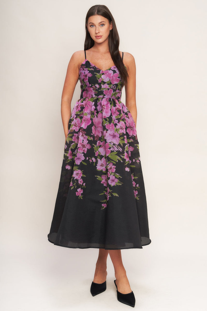 NIGHTFALL BLOSSOM WOVEN MIDI DRESS