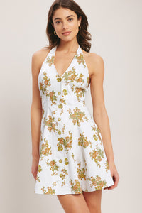 GOLDEN PETAL FLARE WOVEN MINI DRESS