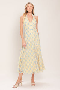 DELICATE BLOOM HALTER WOVEN LACE MIDI DRESS