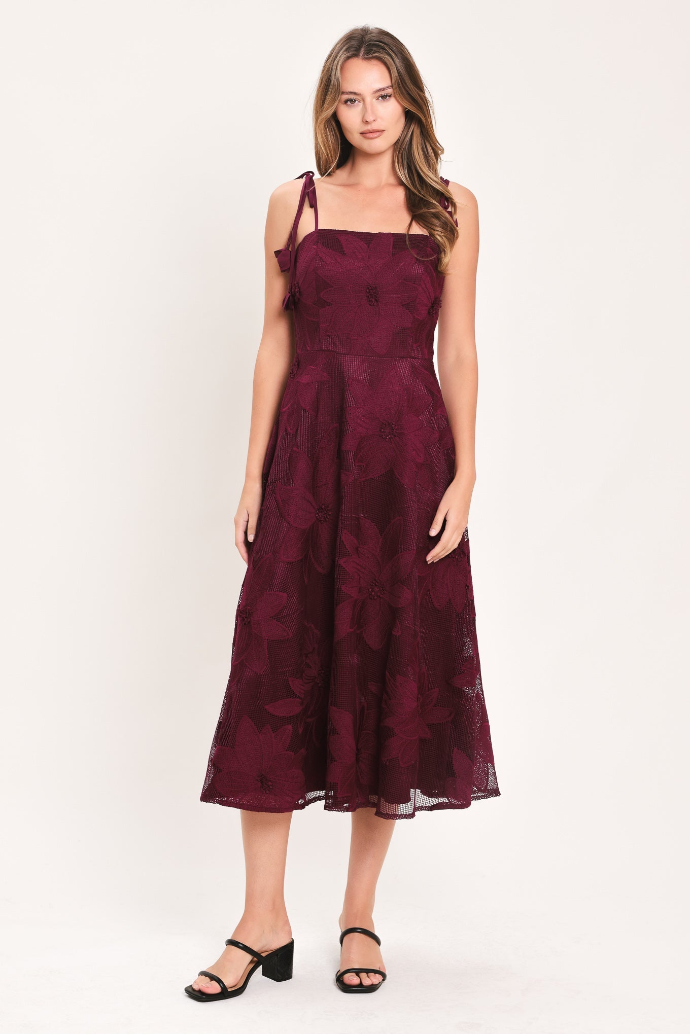 SANDY BLOOM FLORAL WOVEN LACE MIDI DRESS
