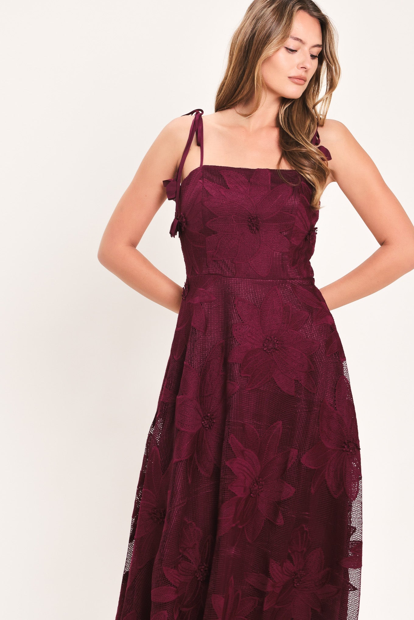 SANDY BLOOM FLORAL WOVEN LACE MIDI DRESS