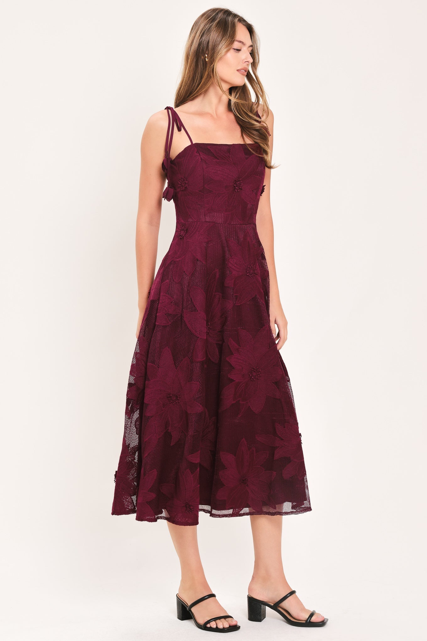 SANDY BLOOM FLORAL WOVEN LACE MIDI DRESS