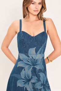 MIDNIGHT BLOOM DENIM MIDI DRESS