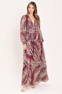 MERLOT LEAVES IN MOTION WOVEN MAXI DRESS