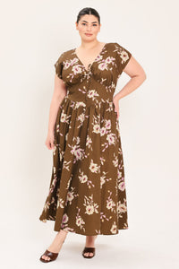 BROWN DAISY WOVEN MIDI DRESS