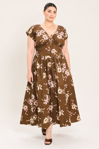 BROWN DAISY WOVEN MIDI DRESS