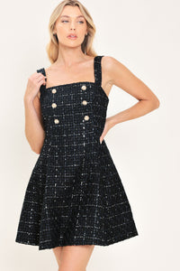 NAVY SPARK NAVY SEQUIN TWEED BUTTON-DETAIL MINI DRESS