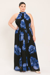 EVENING ORCHARD WOVEN HALTER MAXI DRESS