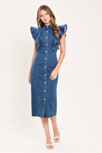SWEETHEART BUTTON PARADE DENIM MIDI DRESS