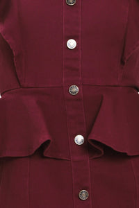 BURGUNDY RUFFLE REVERENCE WOVEN MIDI DRESS