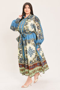 SKYBORNE ORNAMENTAL GRACE WOVEN MIDI SHIRT DRESS