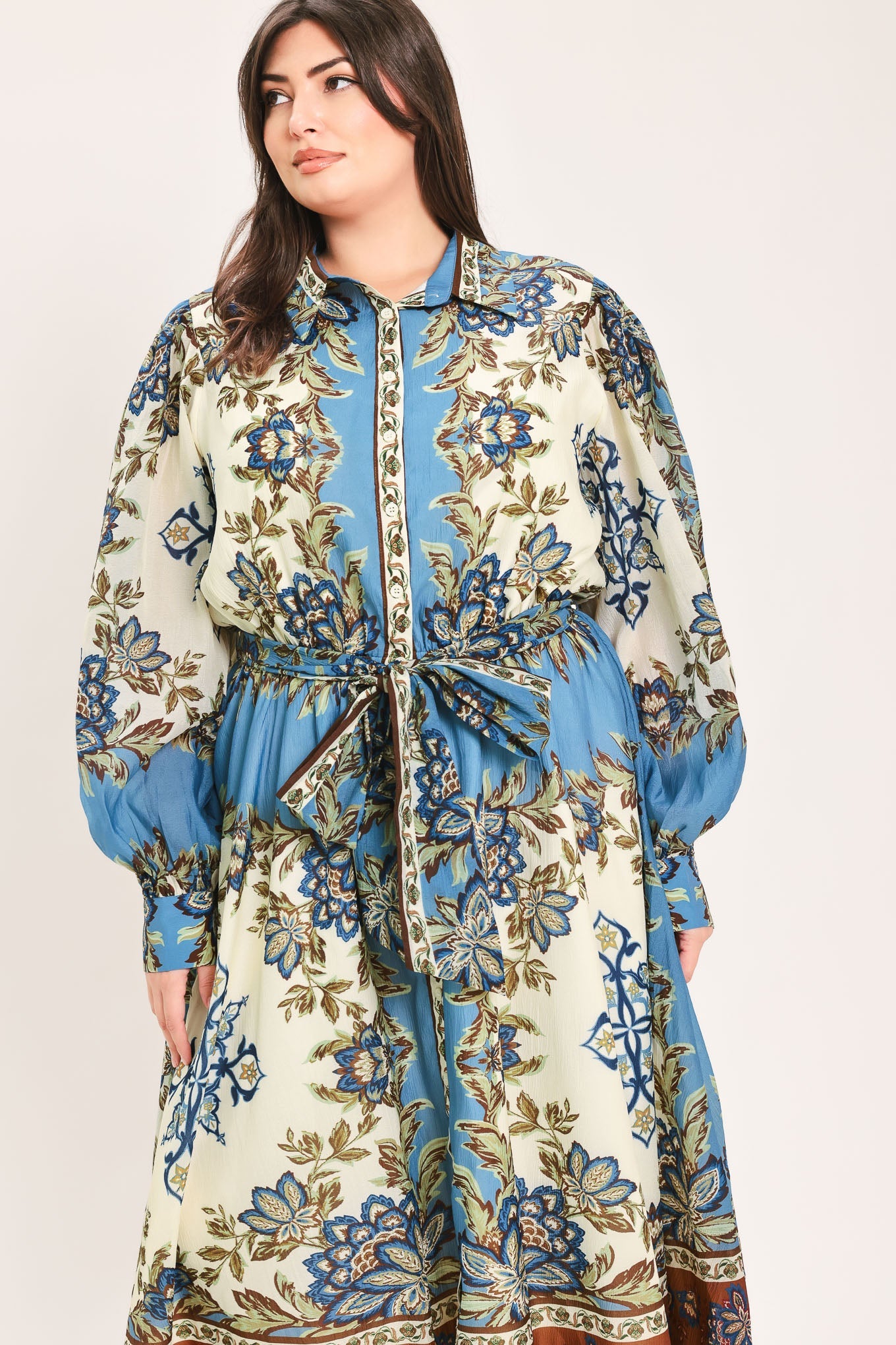 SKYBORNE ORNAMENTAL GRACE WOVEN MIDI SHIRT DRESS